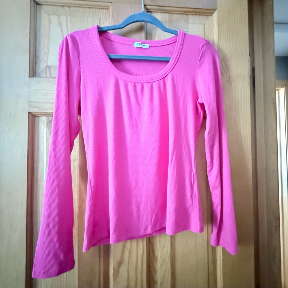 Zeagoo Pink Ribbed Long Sleeve Top | Size L | Soft Stretch Knit